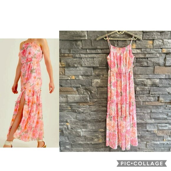 Altar’d State Tiered Maxi Floral Pink Dress Size Large NWT Coquette Slit Flowy - Picture 1 of 16